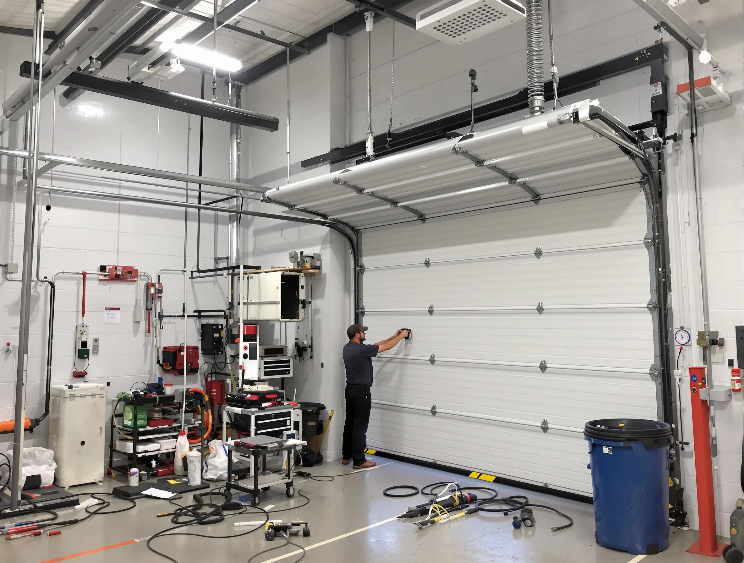 Nashua Garage Door Repair certified technician performing commercial door repair at a Nashua business facility