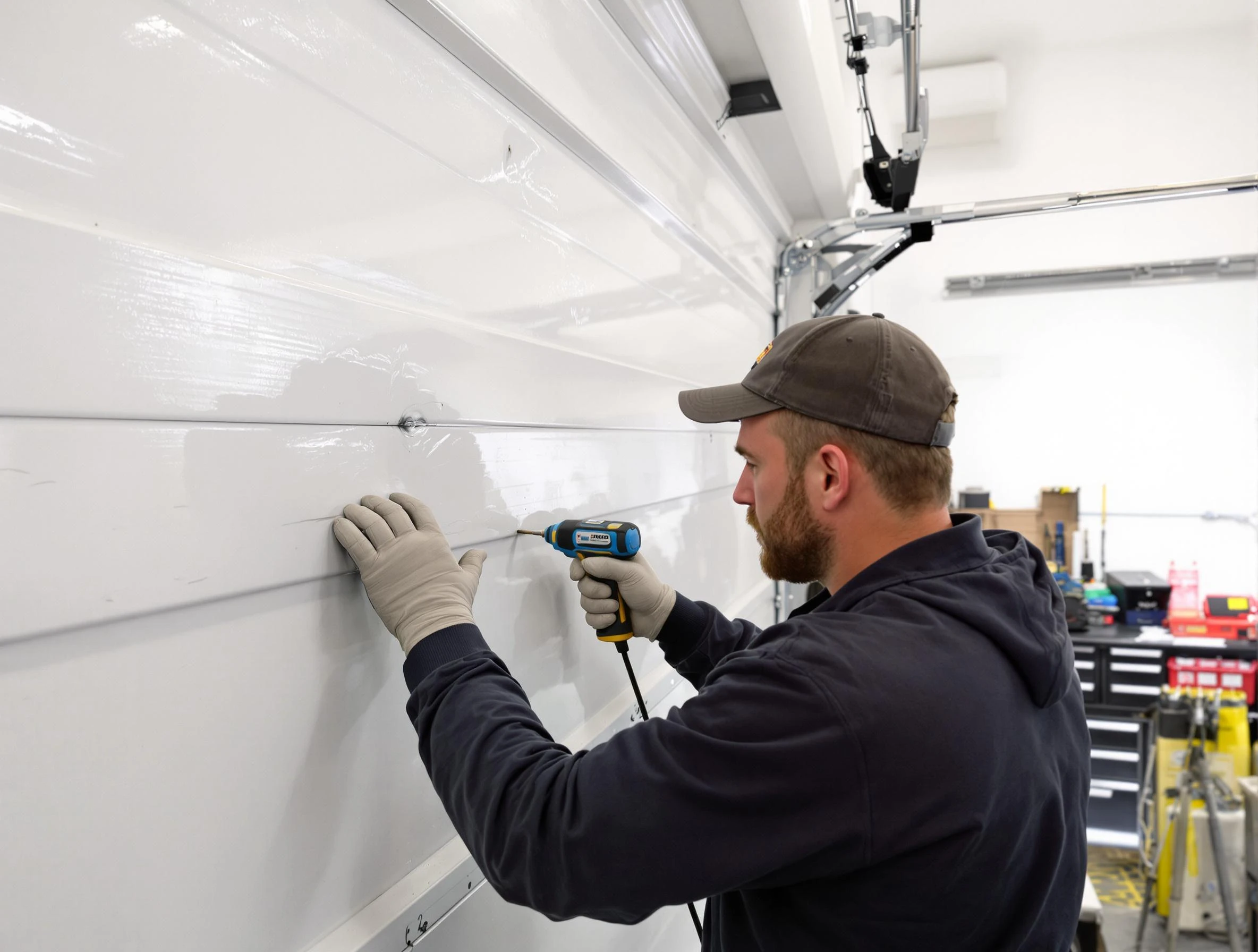 Nashua Garage Door Repair technician demonstrating precision dent removal techniques on a Nashua garage door