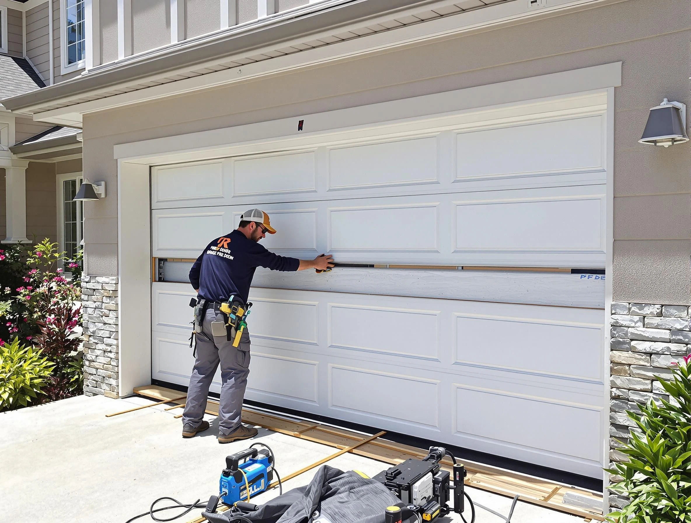 Nashua Garage Door Repair team performing complete garage door replacement at Nashua residence